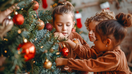 Kids joyfully decorating a Christmas tree with bright ornaments, surrounded by warm holiday atmosphere and soft lighting.の素材