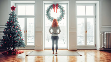 Female yoga practitioner stands on mat, gazing out at snowy landscape, with festive decorations and warm ambiance in the room.の素材