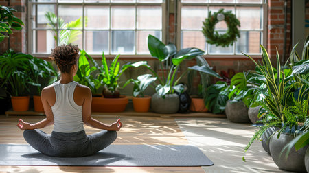 Female yoga practitioner is meditating in a tranquil indoor environment filled with greenery and soft sunlight enhancing the peaceful atmosphere.の素材
