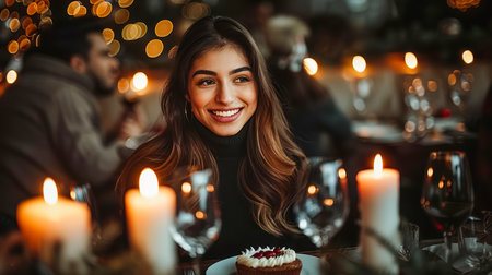 Smiling young woman enjoys dessert at a candlelit table, surrounded by warm lights and a festive atmosphere.の素材