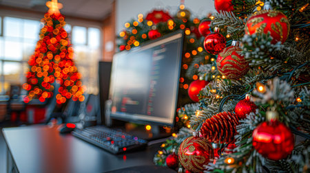Office workspace adorned with Christmas trees, vibrant ornaments, and warm lights, creating a cheerful holiday ambiance.の素材