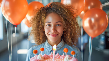Happy girl with curly hair is celebrating her birthday, holding a colorful cake with candles, surrounded by bright balloons and joyful ambiance.の素材