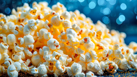 Freshly popped popcorn arranged in a pile, with a colorful bokeh background enhancing the festive mood.の素材