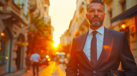 Businessman in formal attire stands confidently on urban street, illuminated by warm sunset glow, showcasing professionalism and style.の素材