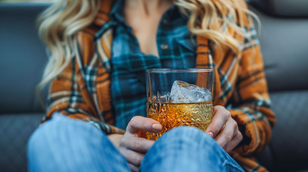 Female figure in plaid shirt enjoys whiskey with ice, seated in a vehicle, creating a relaxed and cozy atmosphere.の素材