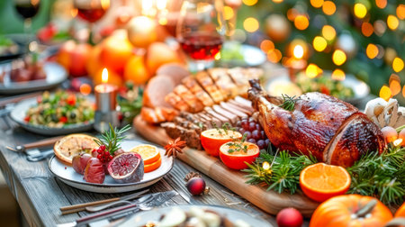 Beautifully arranged holiday table features roasted turkey, colorful fruits, and elegant decor, creating a warm festive atmosphere.の素材