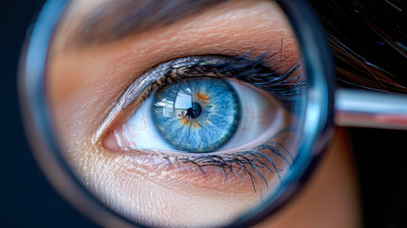 Detailed close-up of a human eye viewed through a magnifying lens, highlighting unique patterns and vivid hues.の素材