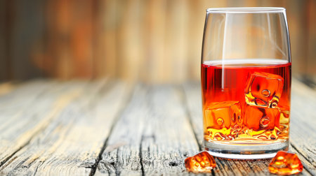Amber drink with ice cubes sits on rustic wooden table, surrounded by warm ambient lighting creating an inviting atmosphere.の素材