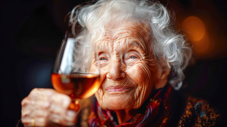 Senior woman with curly hair holds a wine glass, smiling warmly in a cozy setting with soft lighting and inviting ambiance.の素材
