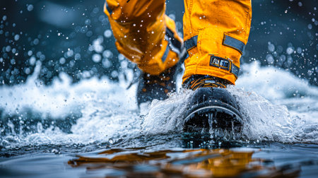 Individual wearing bright yellow waterproof pants is walking through water, generating splashes and ripples, showcasing outdoor adventure and exploration.の素材
