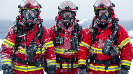Group of three firefighters wearing snow-covered protective gear, standing together against a snowy ocean backdrop, showcasing teamwork and resilience.の素材