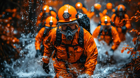 Emergency responders in bright orange suits wading through water, showcasing teamwork and determination in a challenging environment.の素材