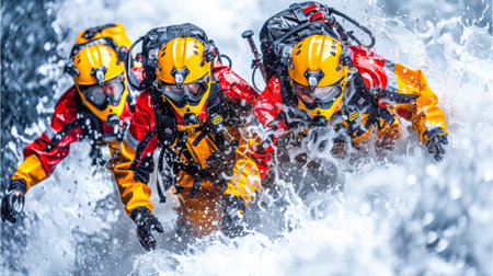 Emergency response team in vibrant gear is navigating rough waters, showcasing teamwork and bravery in a challenging environment.の素材