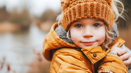 Child with bright eyes, dressed in warm clothing, enjoying outdoor scenery, surrounded by natural elements and soft colors.の素材