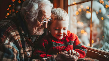 Elderly man and young boy enjoying a heartwarming moment by the window, surrounded by festive lights and cozy atmosphere.の素材