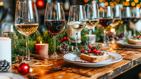 Elegant dining table set for celebration, featuring wine glasses, candles, and festive decorations, creating a warm atmosphere.の素材