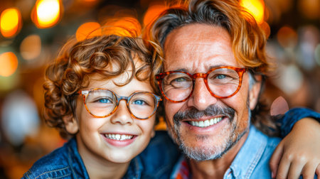 Happy man and child with glasses, sharing a joyful moment together, surrounded by a soft, blurred background, creating a warm ambiance.の素材