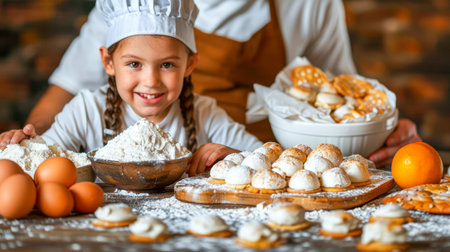 Young girl with braids is happily baking in a kitchen, surrounded by flour, eggs, and delicious cookies, showing culinary joy.の素材