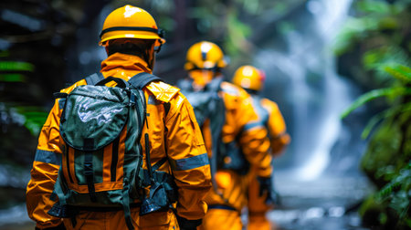 Team of rescuers in vibrant orange uniforms walking through a dense forest towards a cascading waterfall, showcasing teamwork and adventure.の素材