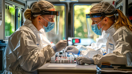 Two healthcare workers in protective suits are performing tests in a mobile lab, showcasing teamwork and precision in a clinical setting.の素材