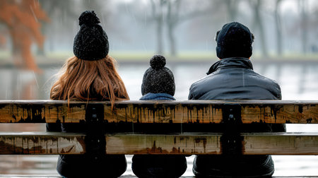Family of three sitting on a wooden bench in the rain, surrounded by trees and a serene lake, creating a cozy atmosphere.の素材