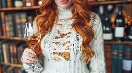 Female with red hair enjoys a glass of wine in a warm library, surrounded by shelves filled with books and a welcoming atmosphere.の素材