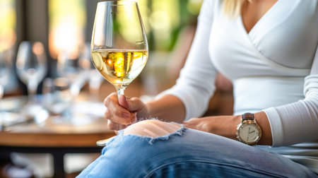 Female figure enjoys a glass of white wine, seated comfortably at a beautifully arranged restaurant table, showcasing a relaxed atmosphere.の素材