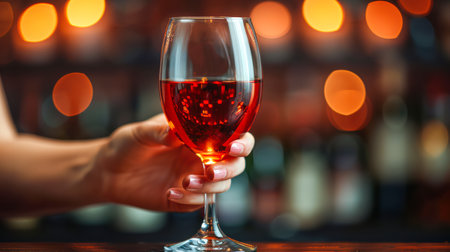 A hand elegantly holds a glass of red wine, surrounded by softly blurred lights, enhancing the inviting ambiance of the scene.の素材