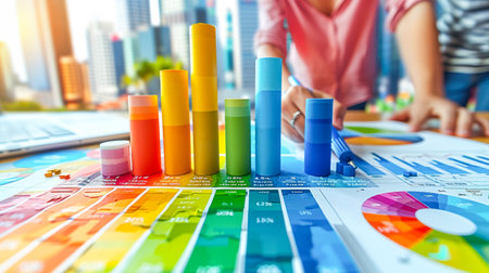 Vibrant data visualization featuring colorful charts and graphs on a table, with a modern office backdrop, showcasing analytical work.の素材