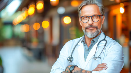 Male healthcare professional with stethoscope, confidently standing in a contemporary medical setting, showing expertise and approachability.の素材