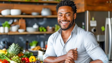 Confident African American man smiles in a modern kitchen filled with colorful fruits and vegetables, showcasing a vibrant culinary environment.の素材