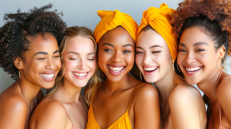 Group of joyful women with diverse backgrounds, showcasing vibrant head wraps and summer attire, radiating happiness and friendship.の素材