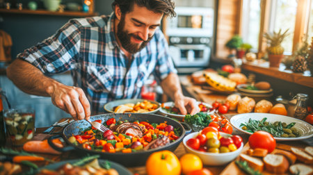 Male chef is cooking a vibrant vegetable dish in a rustic kitchen, surrounded by fresh produce and a warm atmosphere.の素材