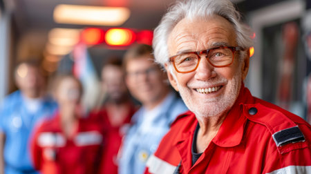 Elderly man in red uniform smiles warmly, surrounded by medical team members in background, highlighting camaraderie and dedication.の素材