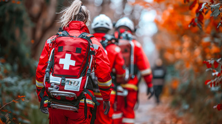 Team of emergency responders in bright red uniforms walking along a forest path surrounded by colorful autumn leaves and trees.の素材