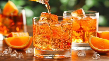 Vibrant orange drink served in glasses with ice cubes, surrounded by fresh citrus slices on a wooden table.の素材