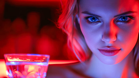 Woman with striking features holds a cocktail glass, illuminated by colorful lights, creating a dramatic and engaging atmosphere.の素材