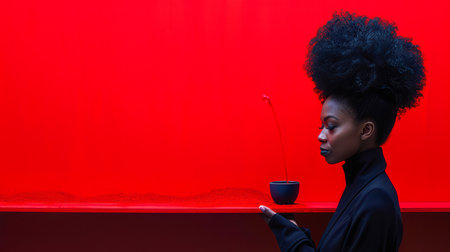 Female figure with natural hair holds a small plant in a pot, set against a striking red backdrop, emphasizing contemporary design and style.の素材
