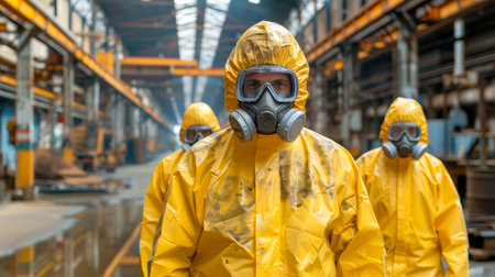 Group of workers wearing yellow protective suits and masks in an industrial setting, showing safety and teamwork.の素材