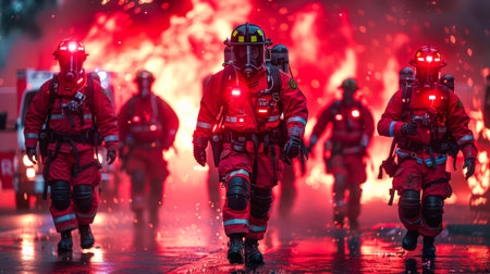 Group of firefighters in red uniforms advancing through smoke and flames, showcasing bravery and teamwork in a high-stakes environment.の素材