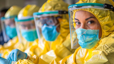 Group of healthcare workers wearing yellow protective suits and masks, engaged in patient care, showing dedication and teamwork.の素材