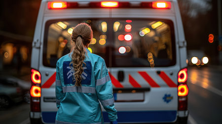 Medical technician in uniform stands near ambulance with flashing lights, creating a dramatic emergency scene and showing readiness for action.の素材