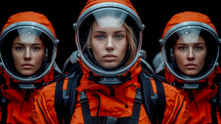 Group of three women in orange space suits, equipped with helmets, preparing for a space mission in a dramatic dark setting.の素材