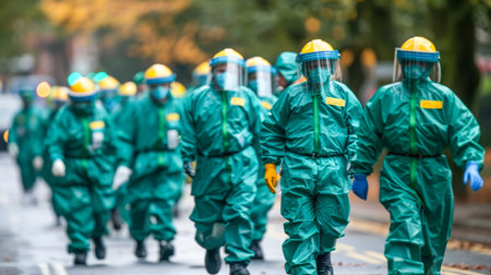 Individuals wearing green protective suits and helmets are walking in unison on a city street, showcasing teamwork and safety measures.の素材