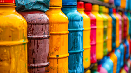 Vibrant plastic bottles arranged in a row, displaying a variety of colors and textures, creating an eye-catching visual effect.の素材