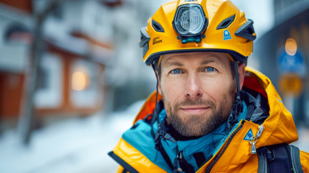 Male climber wearing yellow helmet and jacket stands confidently in snowy environment showcasing outdoor adventure spirit.の素材