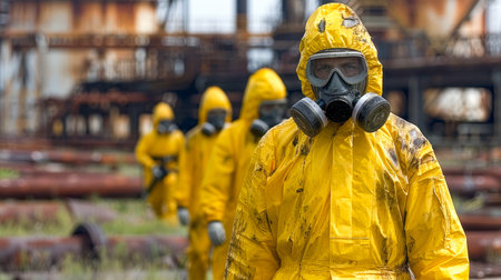 Group of workers in yellow protective suits and masks walking through an industrial area with rusted pipes and machinery in the background.の素材