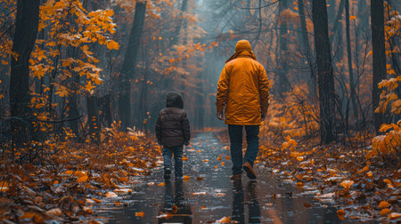Adult and child stroll along a forest path, enveloped in mist, with colorful autumn leaves creating a serene atmosphere.の素材