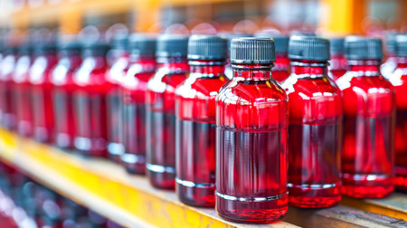 Rows of clear bottles filled with bright red liquid are displayed on a shelf in a production area, showcasing organized storage.の素材