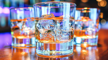 Close-up view of whiskey glasses filled with ice on a wooden bar top, showing vibrant background lights and reflections.の素材